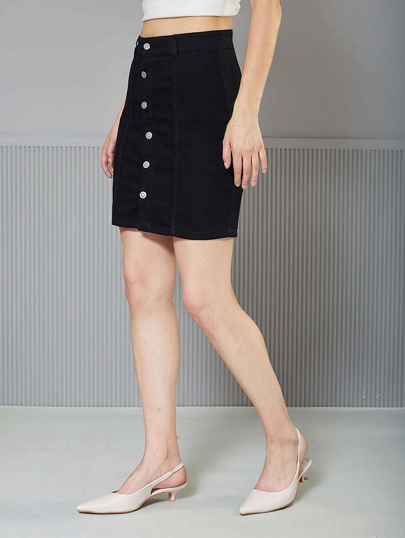 women solid high rise denim skirt