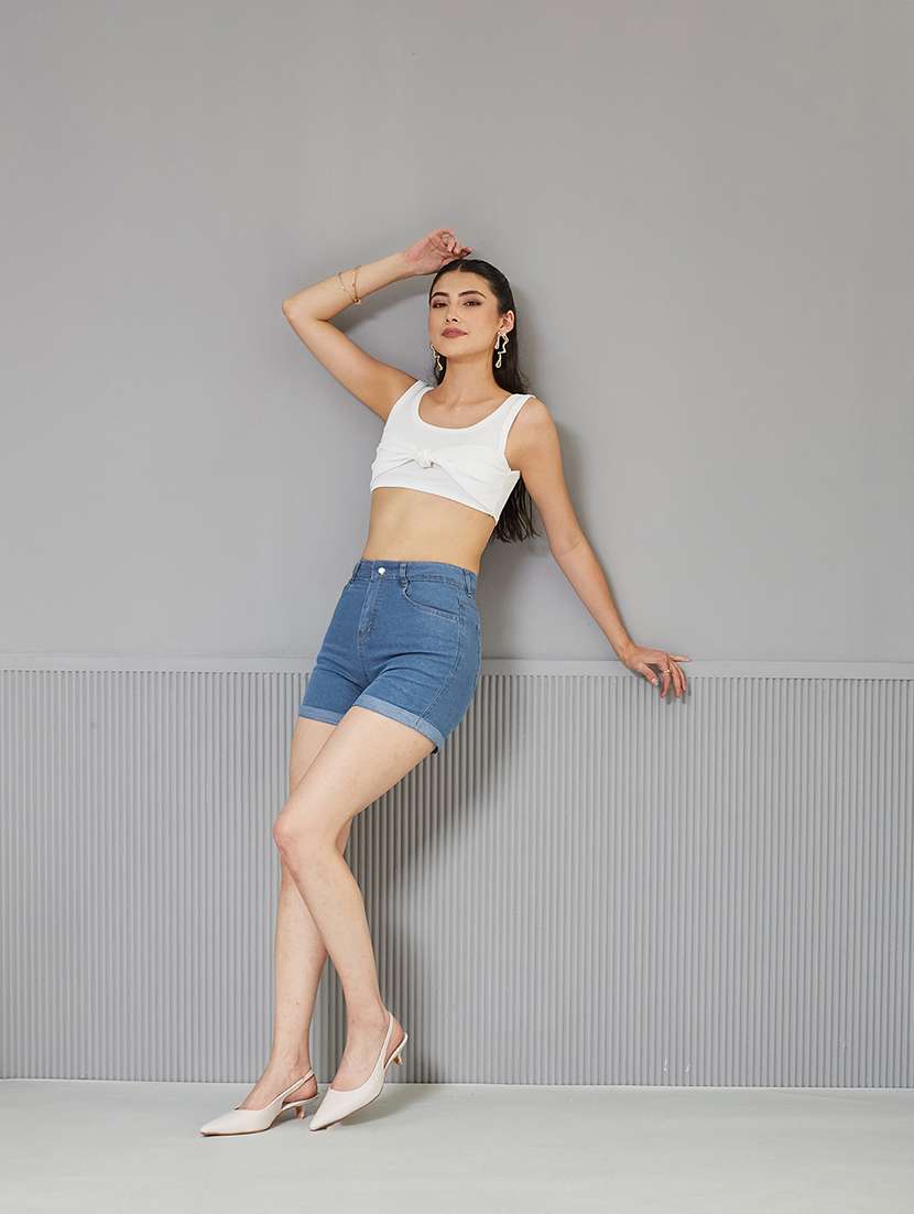 women solid high rise denim shorts - 22362517 -  Standard Image - 3