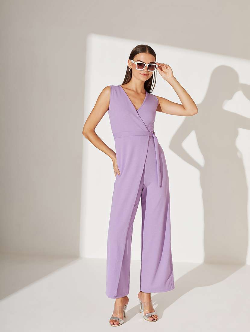 women lavender solid sleeveless jumpsuit