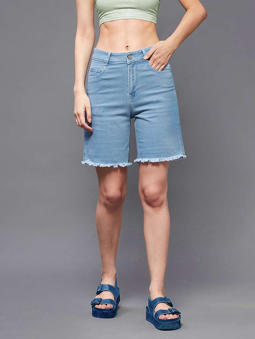 women solid high rise denim shorts
