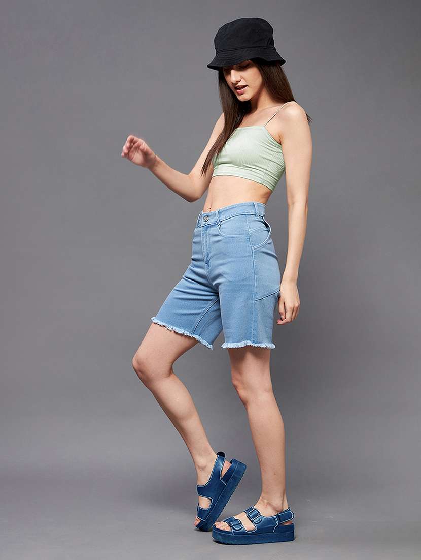 Women Solid High Rise Denim Shorts - 22362527 -  Standard Image - 3