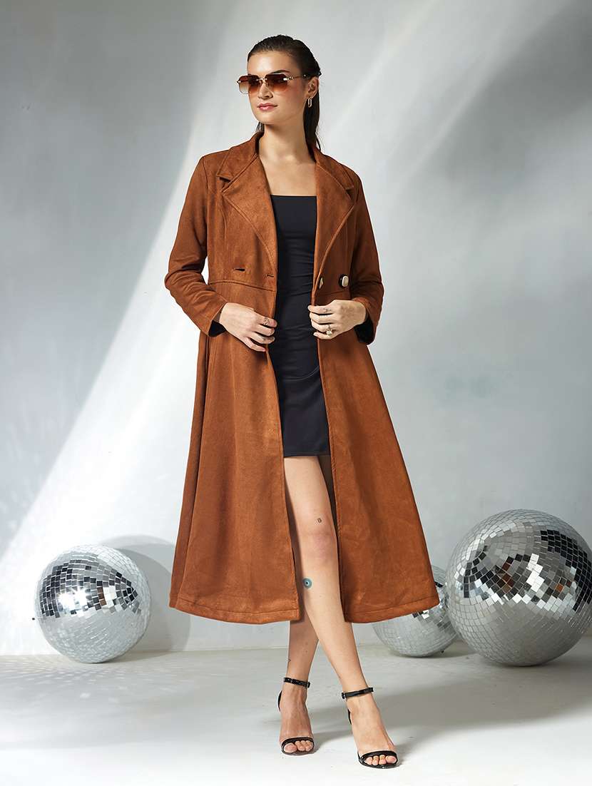 women solid long sleeve trench coat