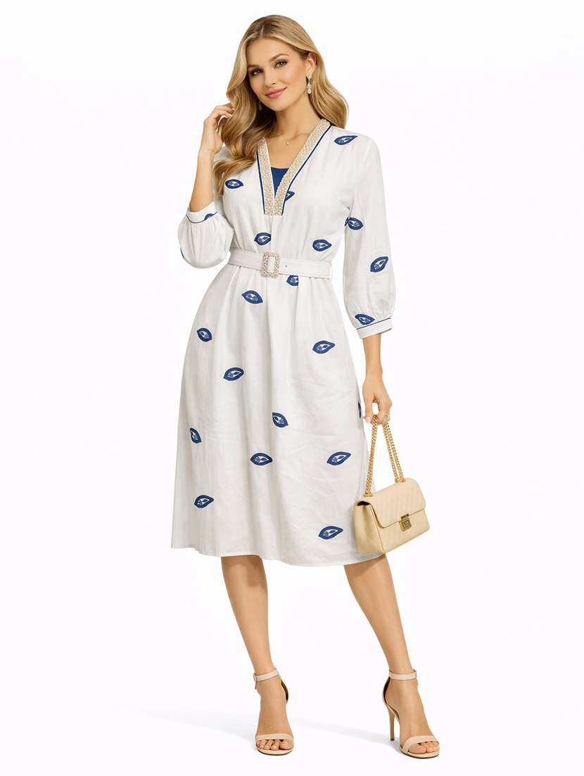 women embroidered bishop sleeve a-line dress