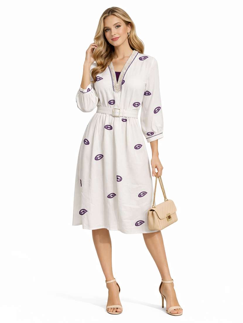 women embroidered bishop sleeve a-line dress