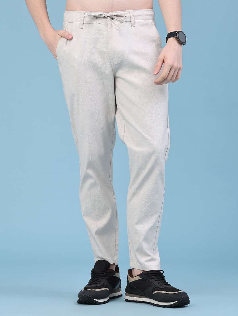 men solid mid rise flat front casual trouser