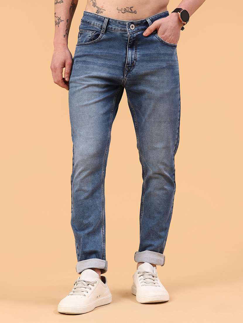 men washed mid rise full length slim fit jeans