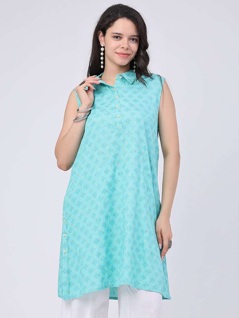 women printed sleeveless a-line kurti