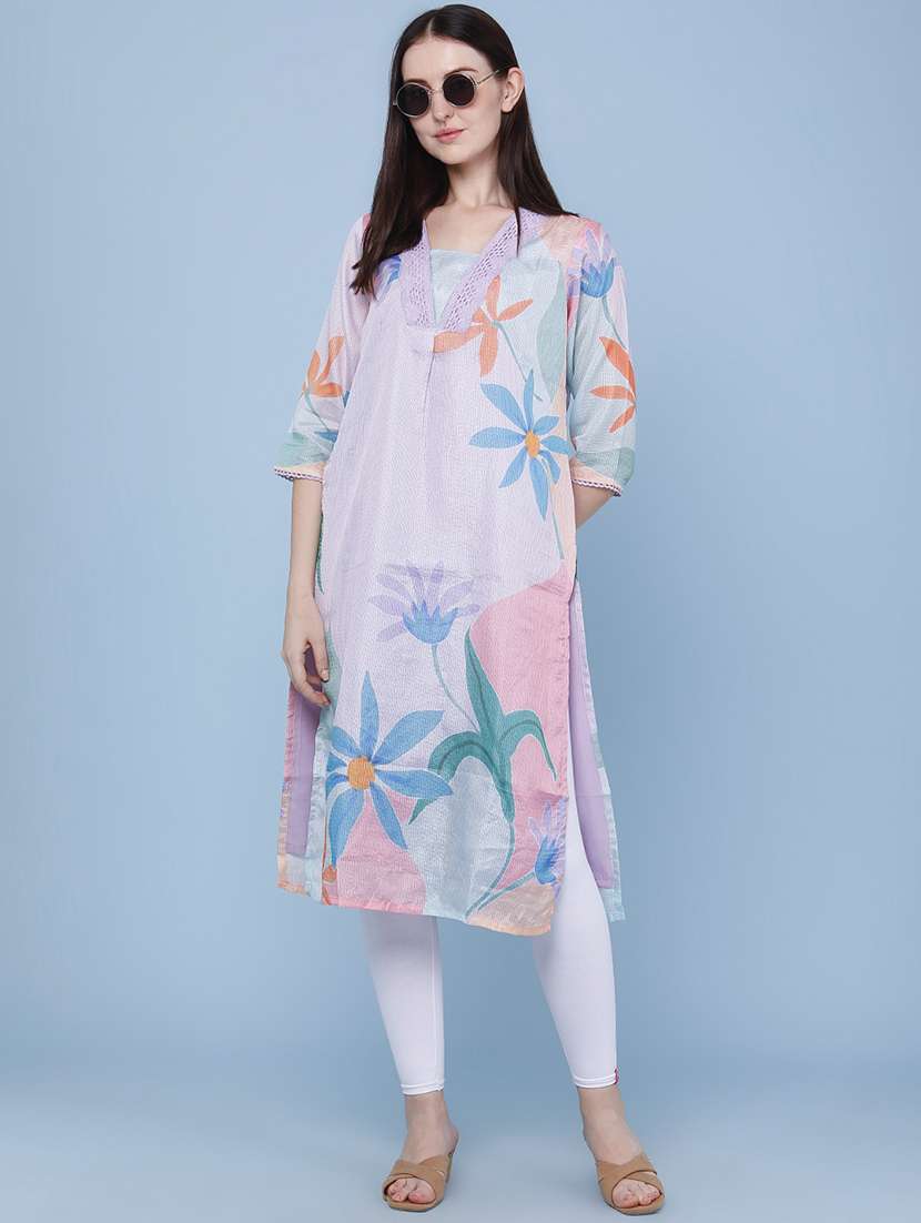 women printed three quarter sleeves straight kurta