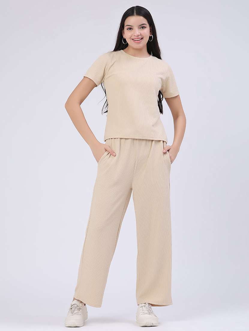 women solid round neck t-shirt and trouser co-ord set - 22363197 -  Standard Image - 3
