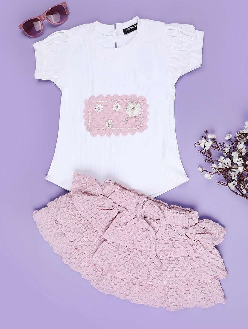 girls self design round neck top and skirt set