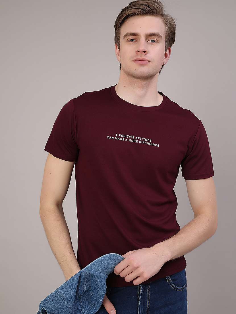 maroon cotton blend plain tshirt