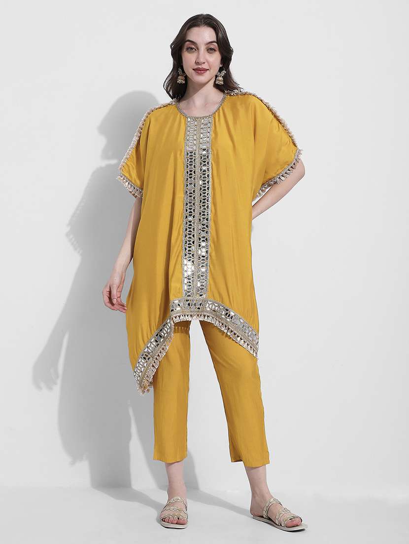 women solid with work kimono sleeve kaftan kurta pant set