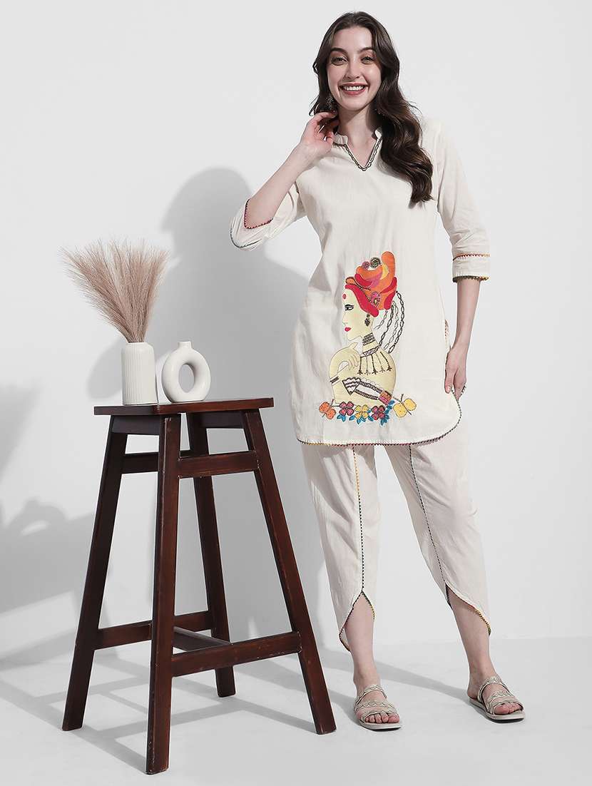 women solid with work three quarter sleeve dhoti kurta set - 22363238 -  Standard Image - 5
