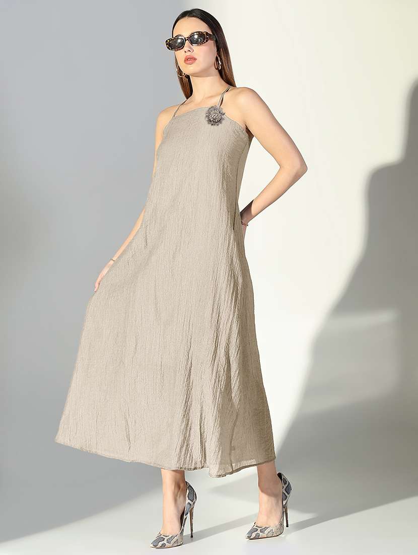 women solid shoulder strap a-line dress with drape over