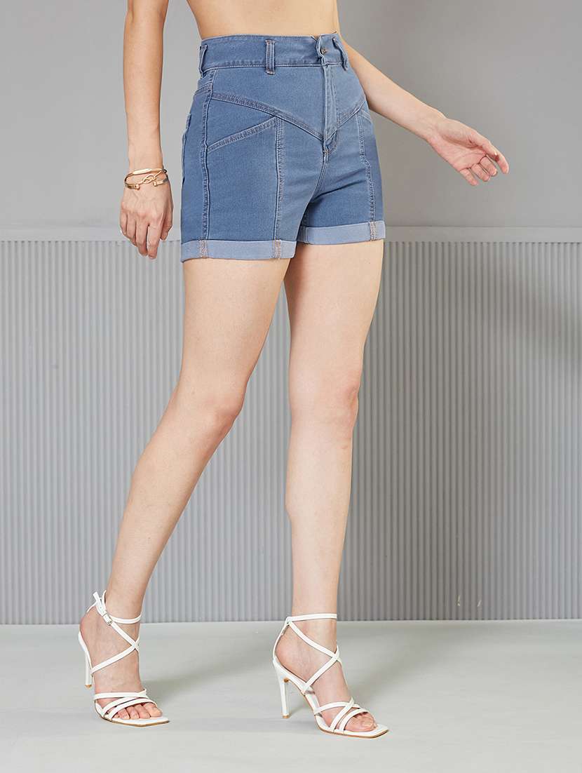 women solid high rise denim shorts