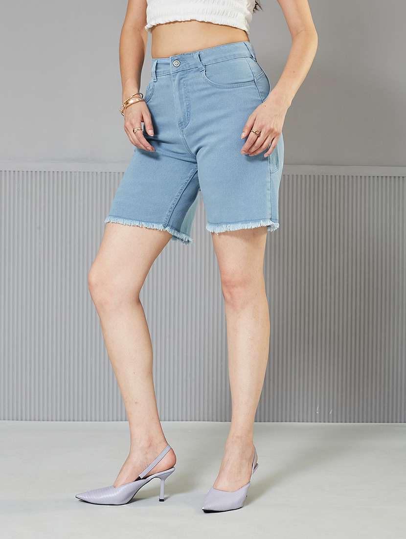 women solid high rise denim shorts