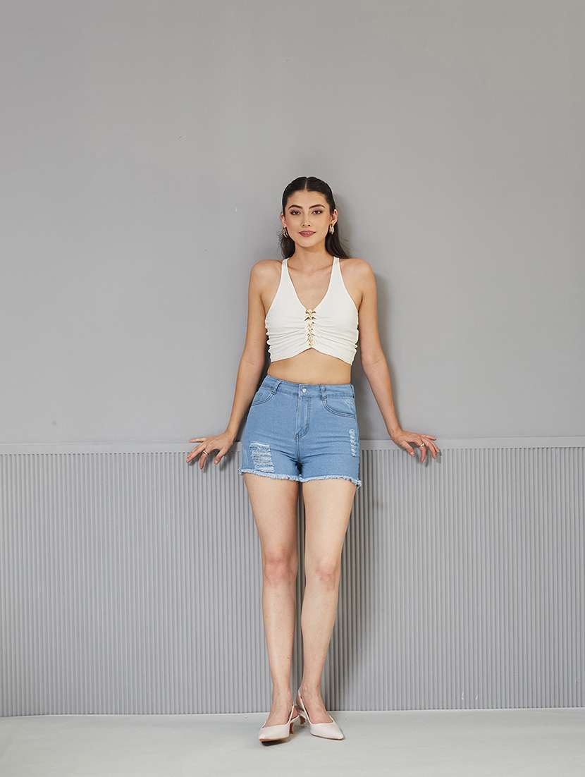 women distressed high rise denim shorts