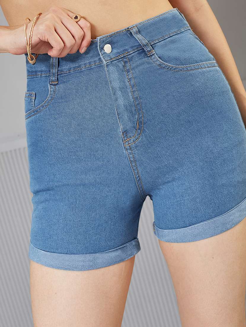 women solid high rise denim shorts - 22363271 -  Standard Image - 3