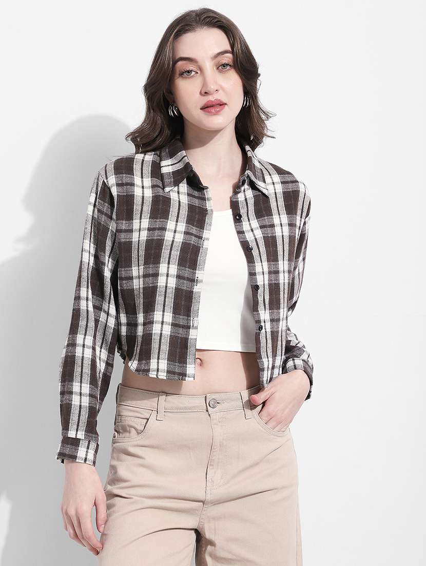women checkered collared long sleeve crop shirt