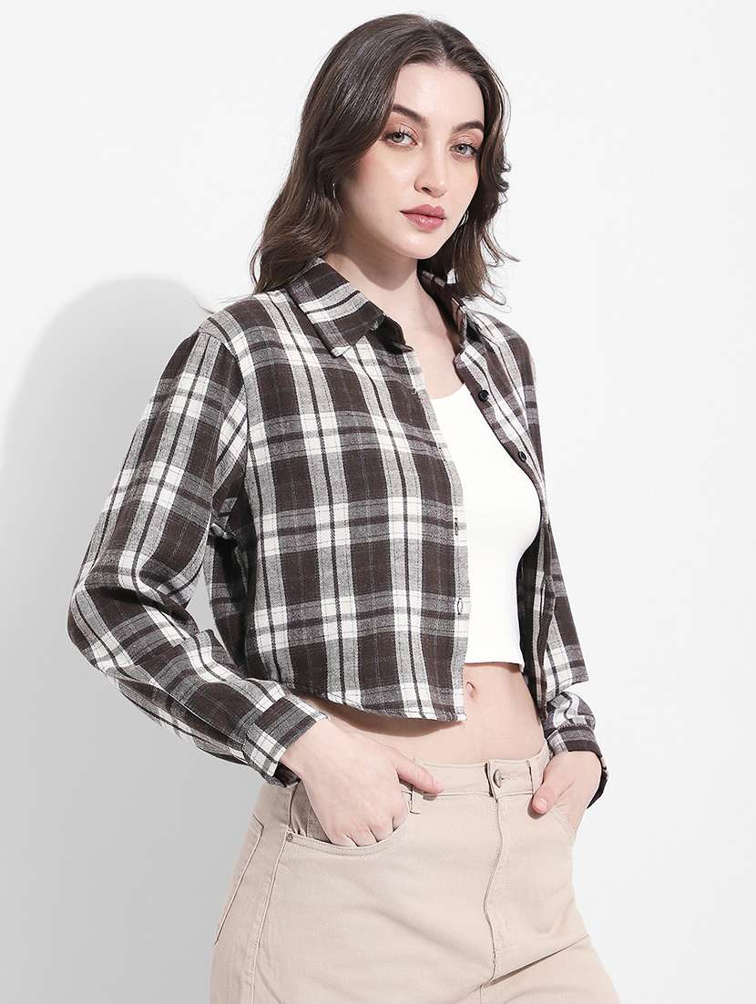 women checkered collared long sleeve crop shirt - 22363277 -  Standard Image - 3