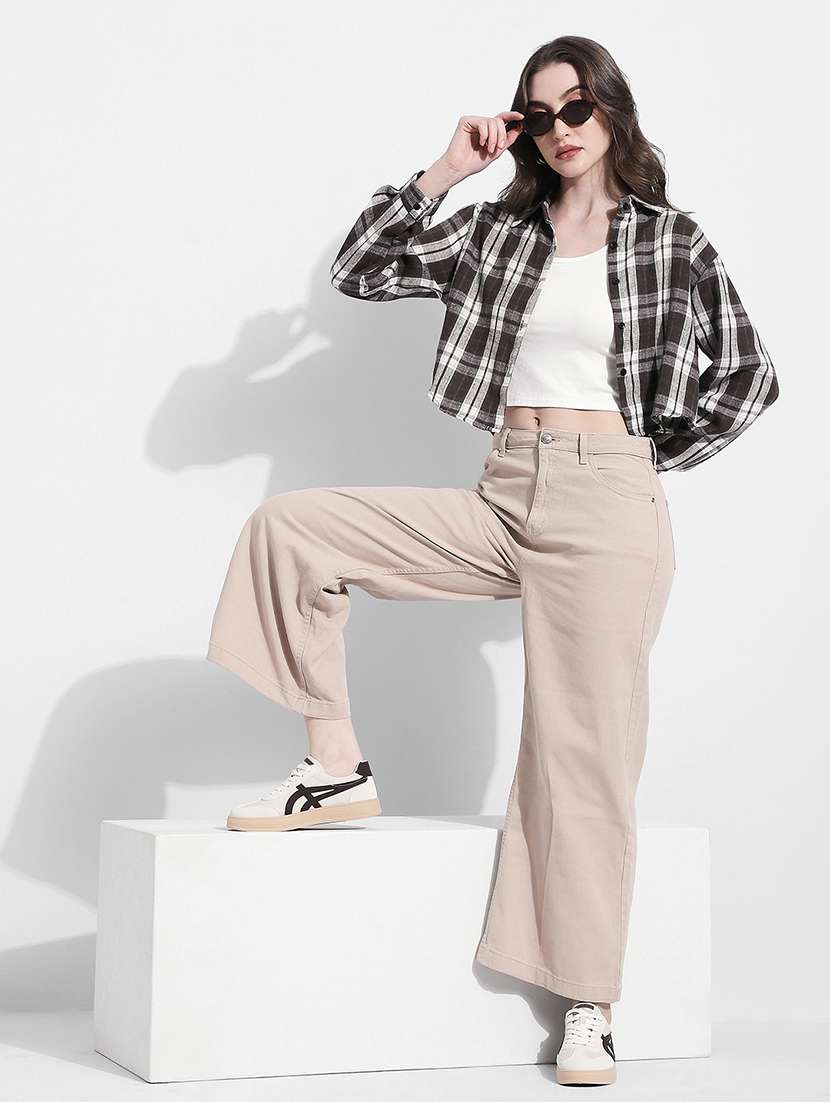 women checkered collared long sleeve crop shirt - 22363277 -  Standard Image - 5