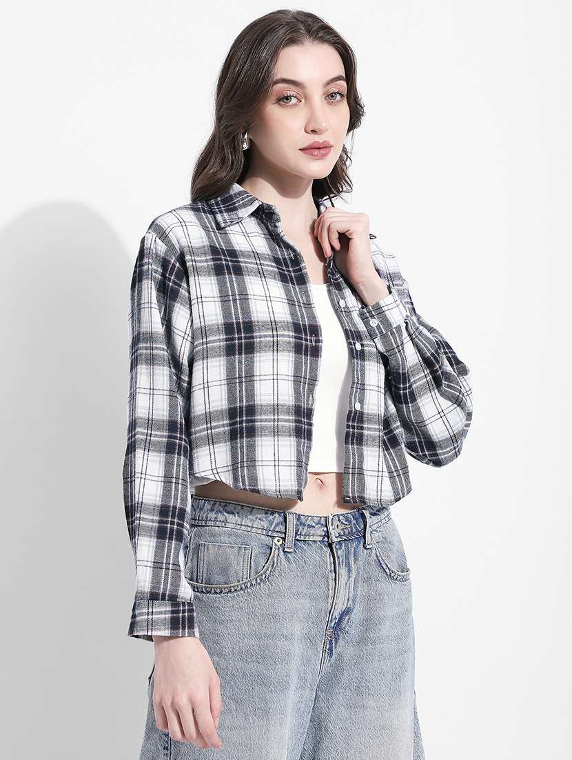 women checkered long sleeve crop shirt - 22363279 -  Standard Image - 3