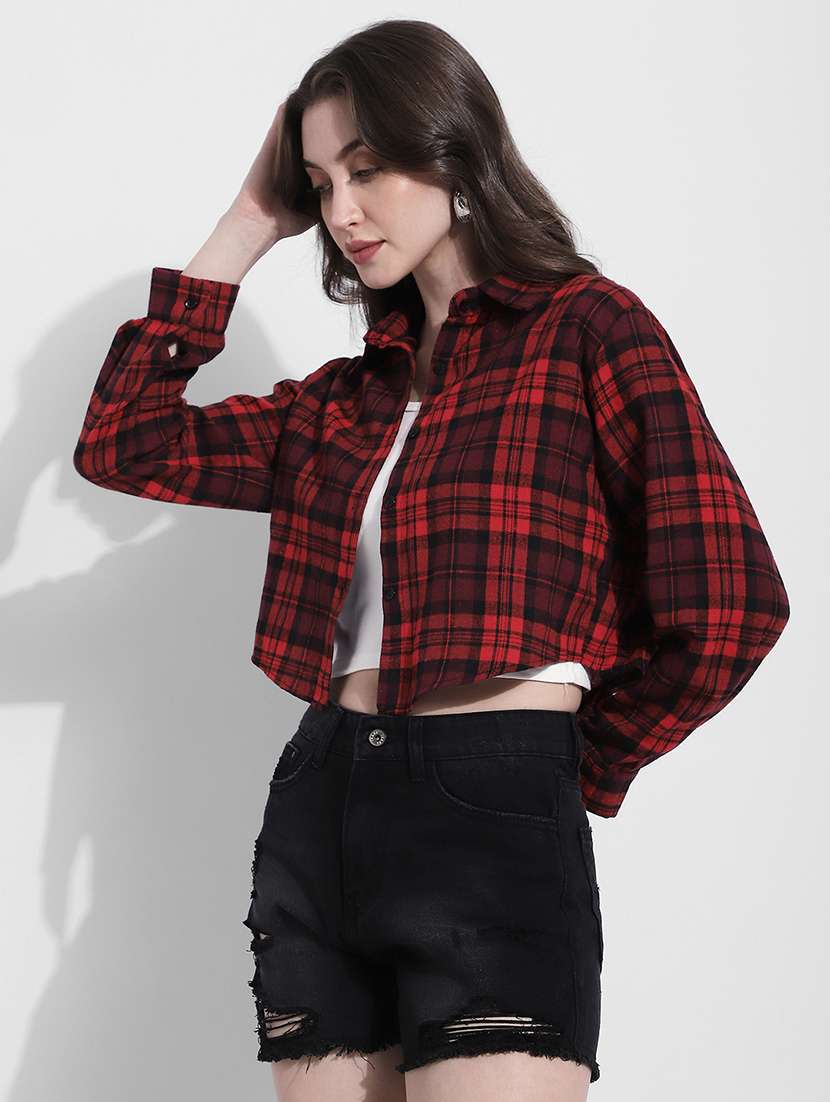 women checkered long sleeve crop shirt - 22363280 -  Standard Image - 3