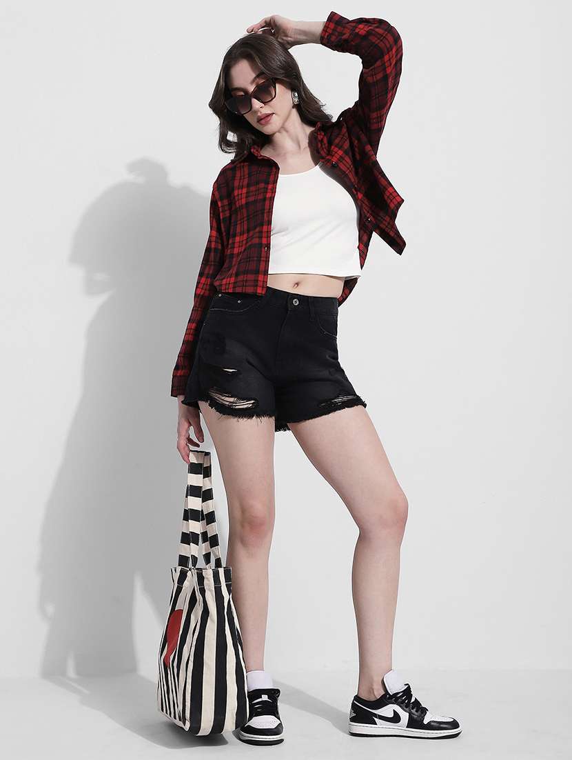 women checkered long sleeve crop shirt - 22363280 -  Standard Image - 5