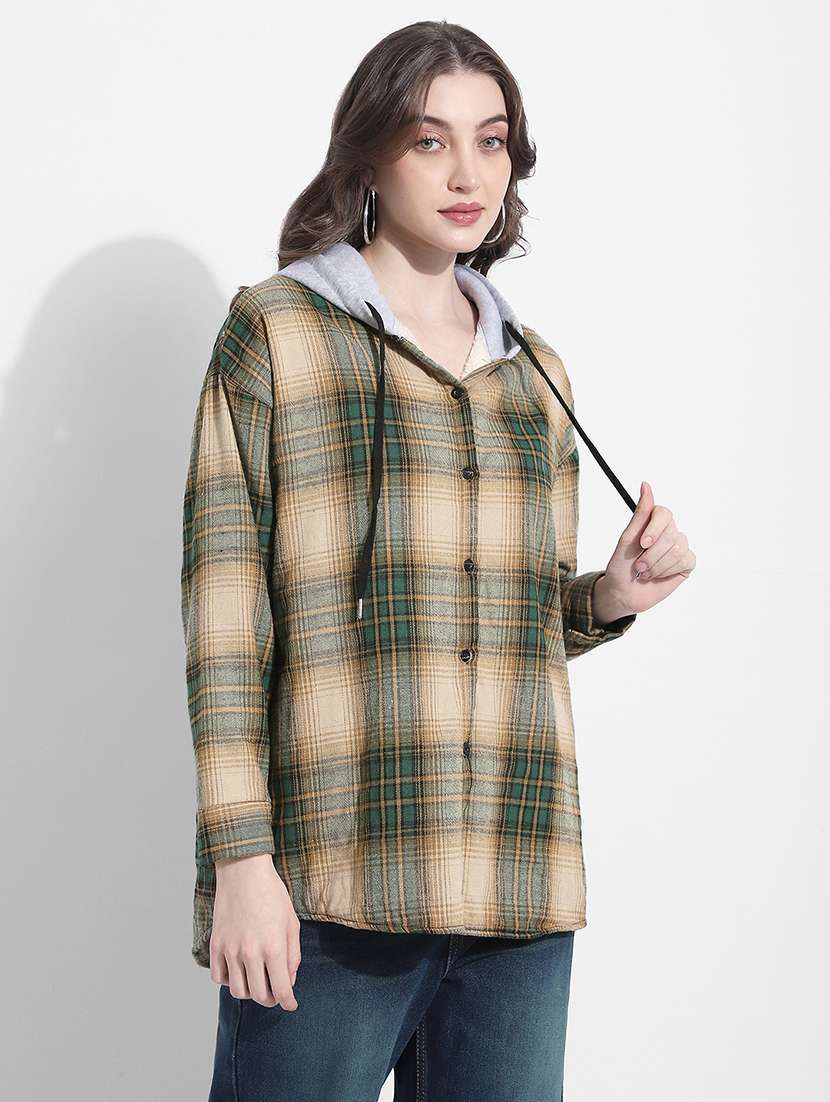 women checkered long sleeve hooded shirt - 22363281 -  Standard Image - 3