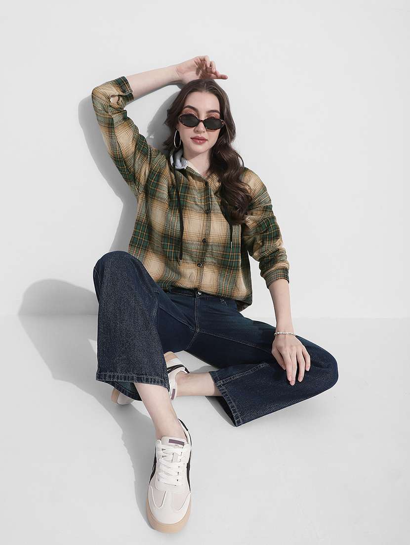 women checkered long sleeve hooded shirt - 22363281 -  Standard Image - 5