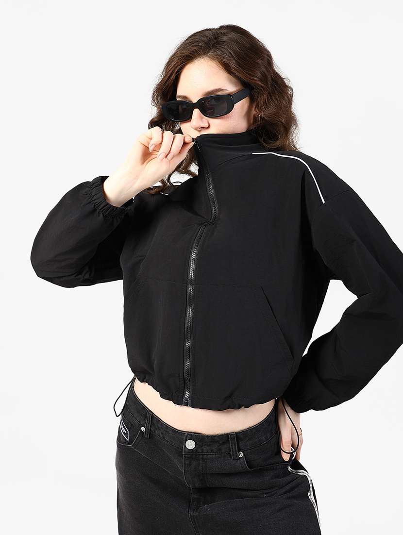 women solid stand collar long sleeve bomber jacket