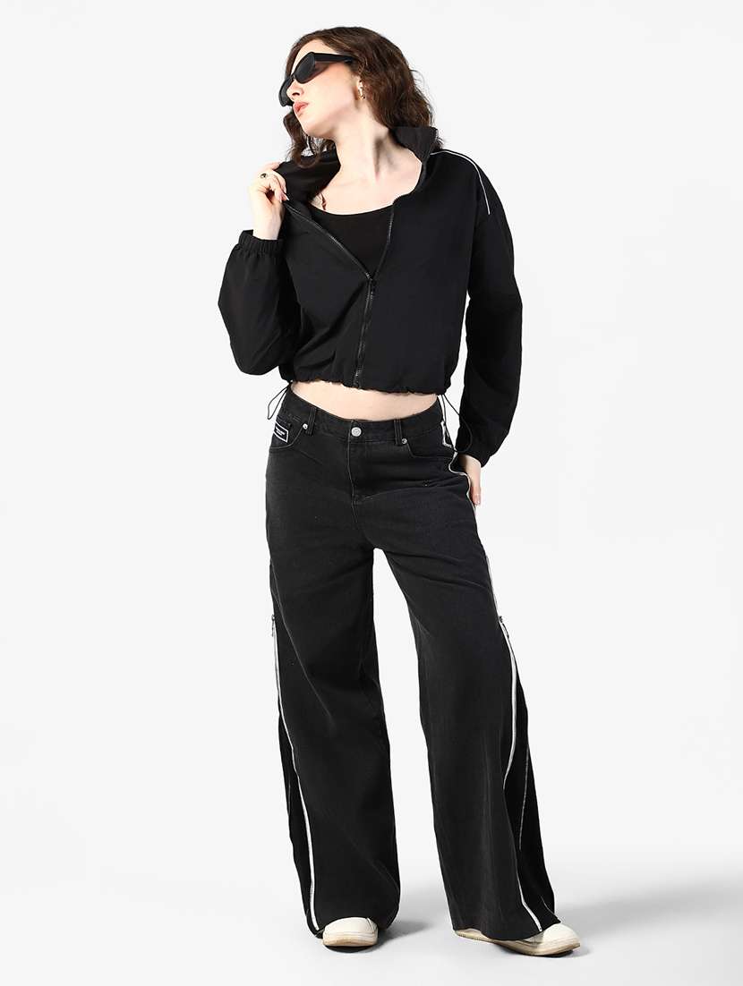 women solid stand collar long sleeve bomber jacket - 22363298 -  Standard Image - 5