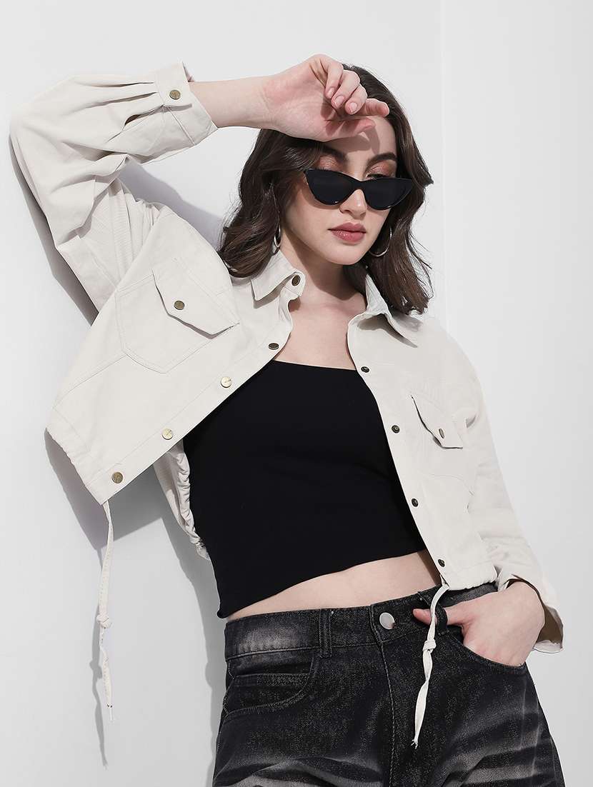 women solid long sleeve crop denim jacket