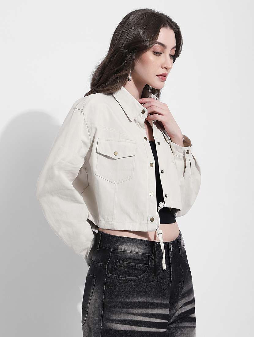 women solid long sleeve crop denim jacket - 22363300 -  Standard Image - 3