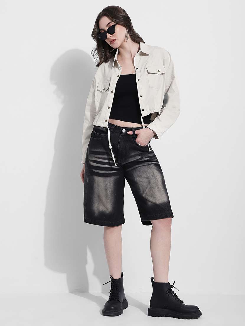 women solid long sleeve crop denim jacket - 22363300 -  Standard Image - 5