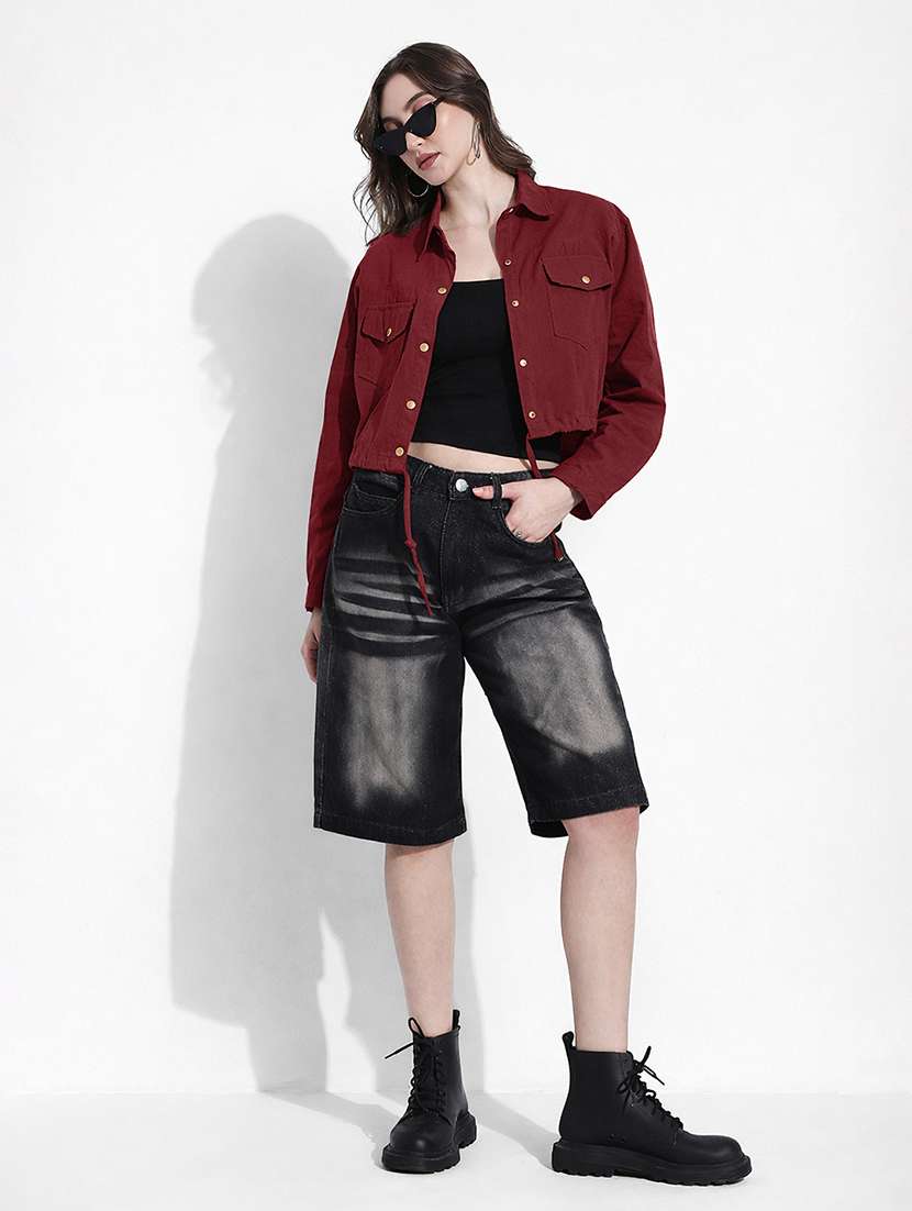 women solid long sleeve crop denim jacket - 22363302 -  Standard Image - 5