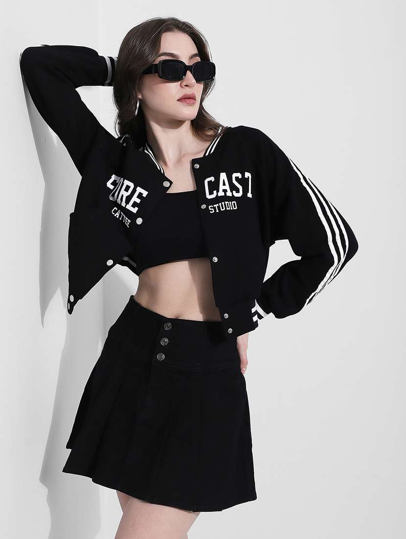 women printed long sleeve crop varsity jacket 