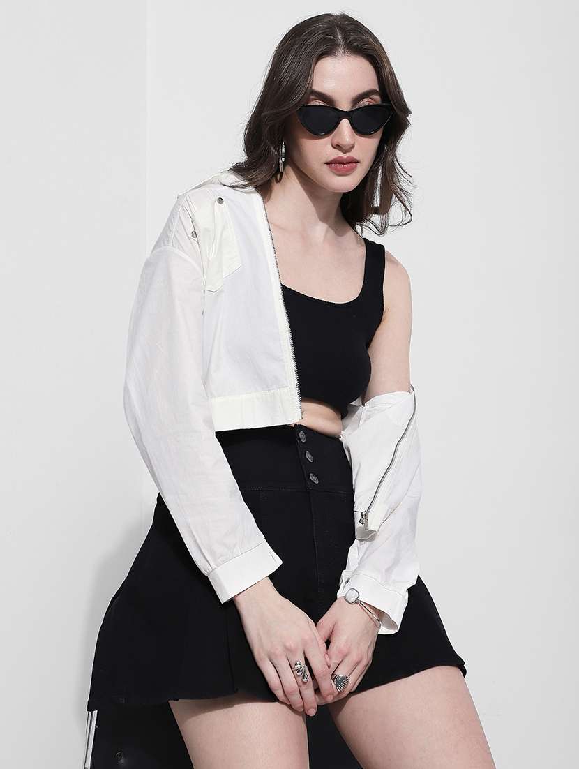 women solid long sleeve crop regular jacket