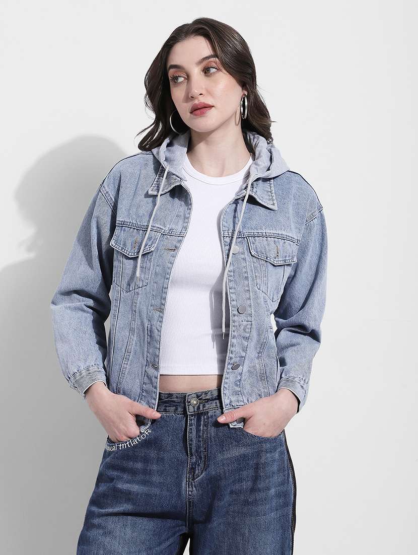 women solid long sleeve hooded denim jacket