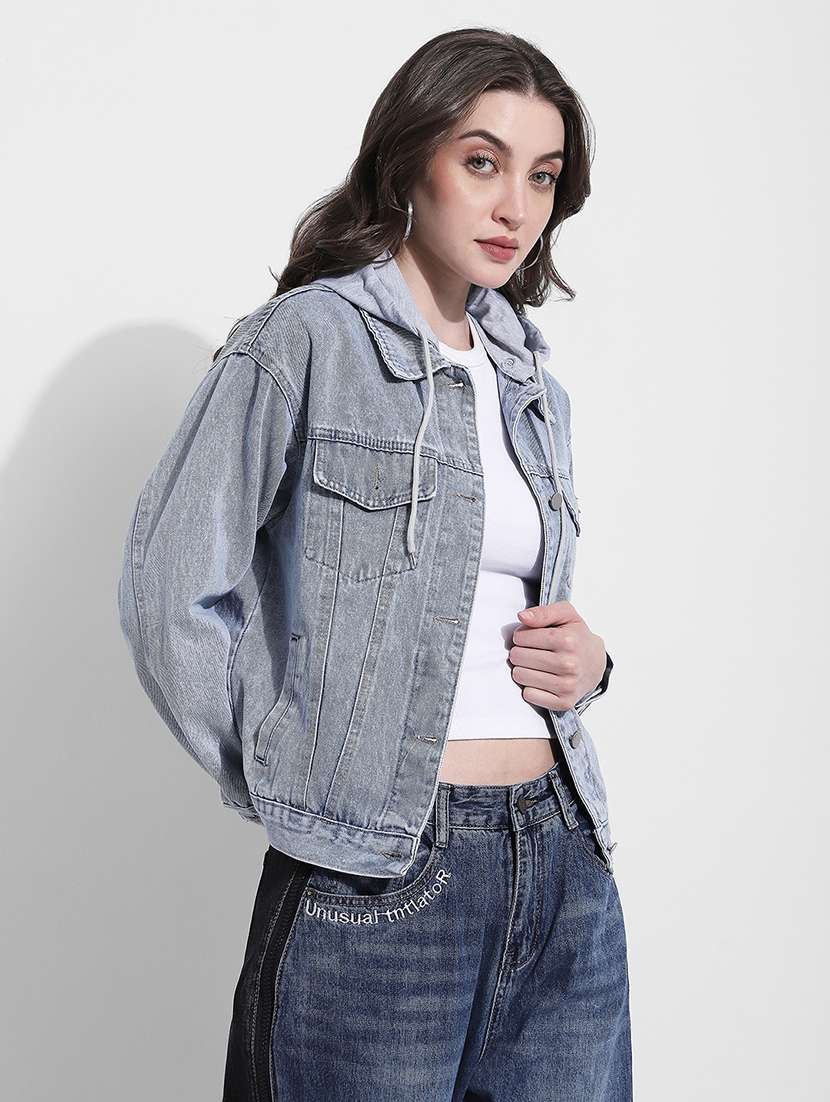 women solid long sleeve hooded denim jacket - 22363308 -  Standard Image - 3