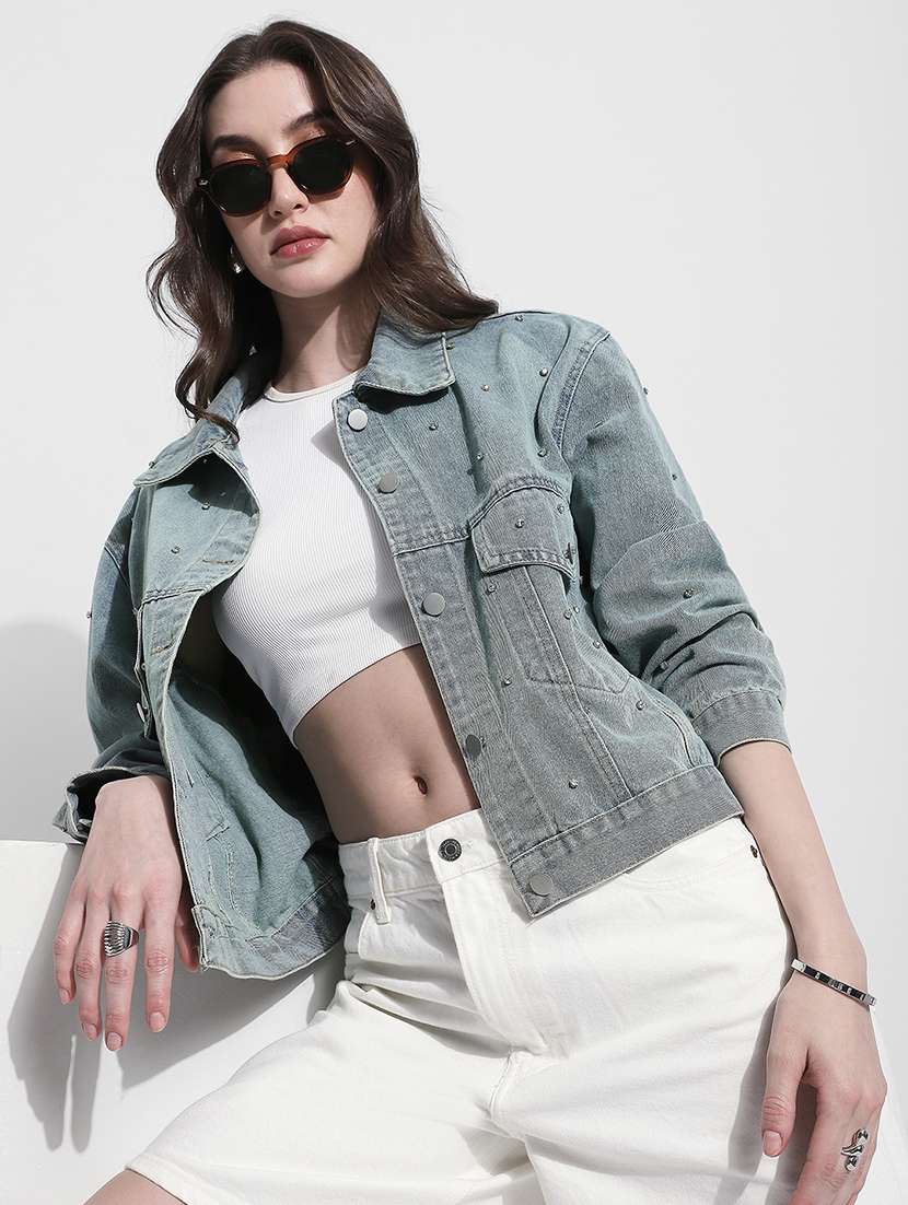 women solid long sleeve denim jacket