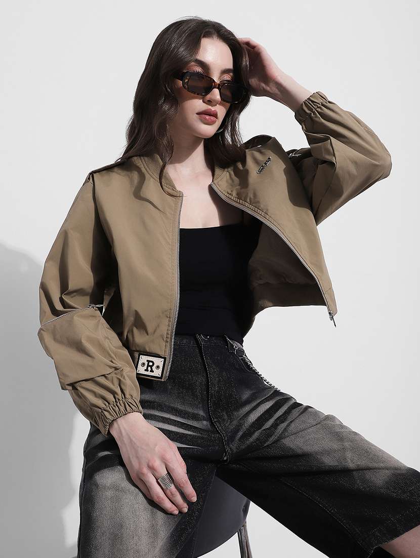 women solid long sleeve crop biker jacket