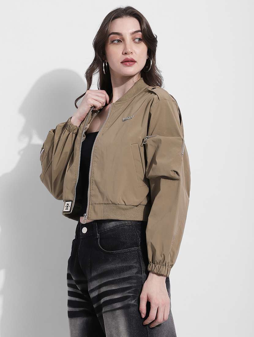 women solid long sleeve crop biker jacket - 22363311 -  Standard Image - 3