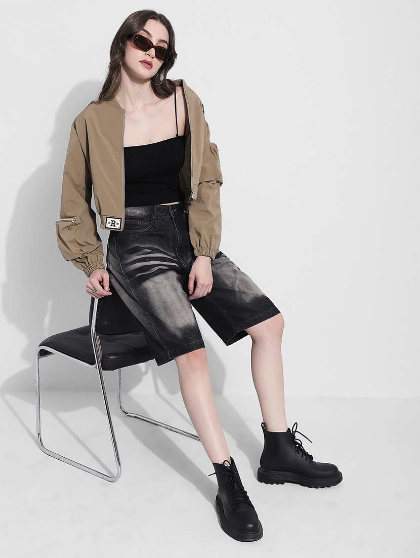 women solid long sleeve crop biker jacket - 22363311 -  Standard Image - 5