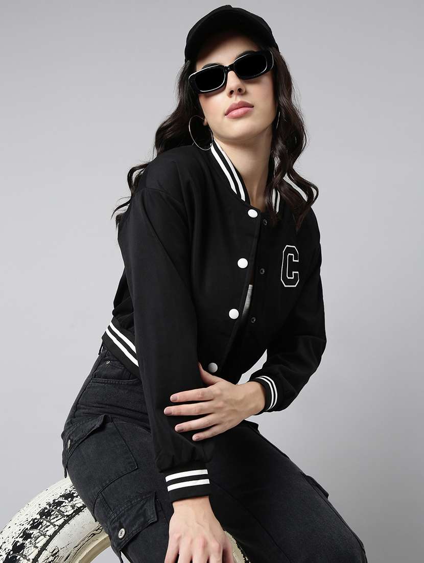 women solid long sleeve crop varsity jacket