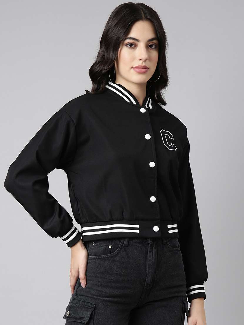 women solid long sleeve crop varsity jacket - 22363313 -  Standard Image - 3