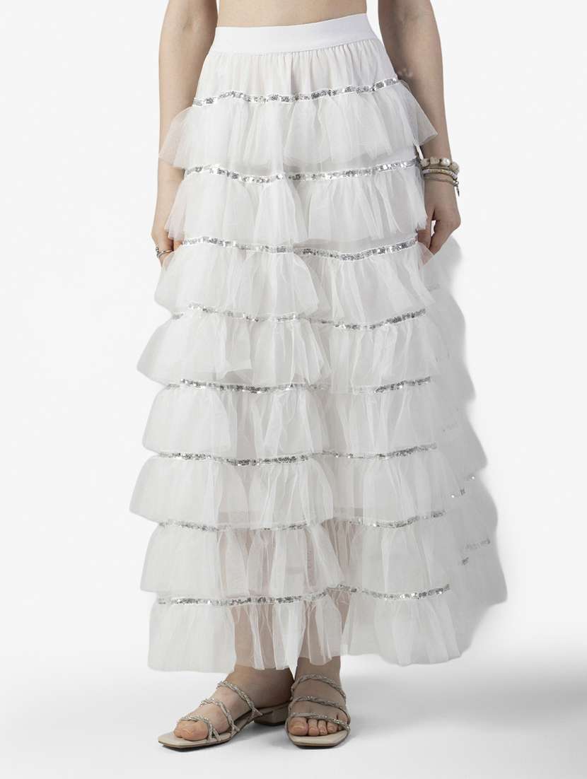 women solid mid rise ruffle maxi skirt