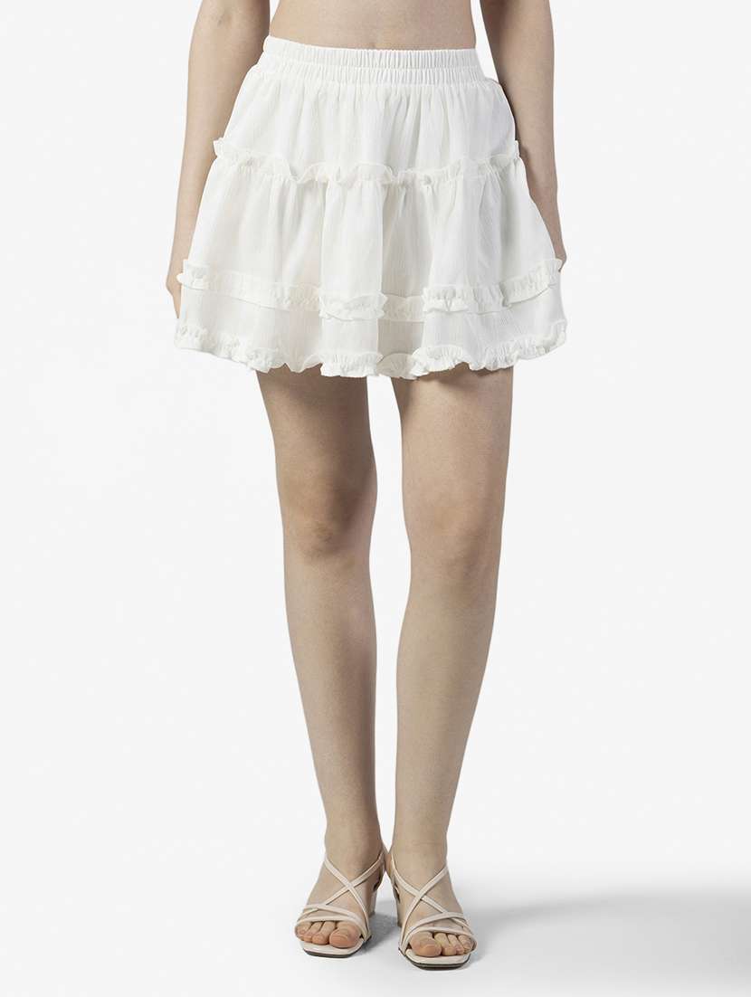 women solid mid rise tiered mini skirt