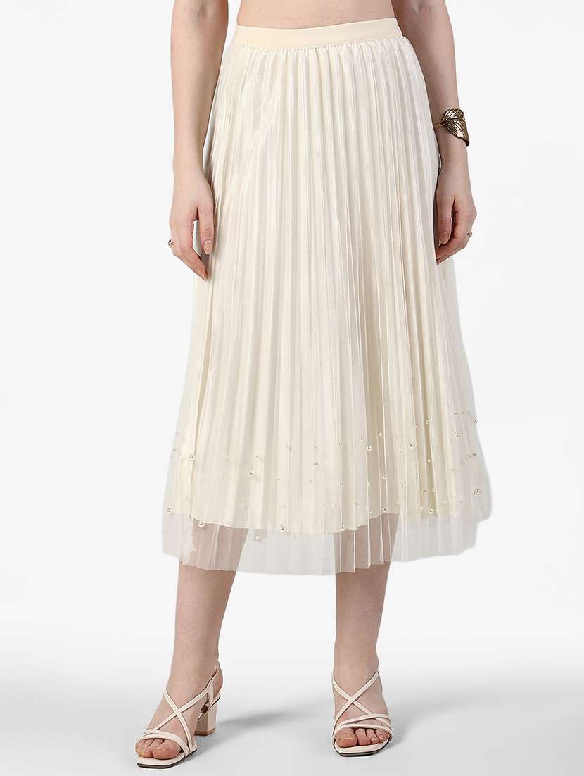 women solid mid rise pleated skirt