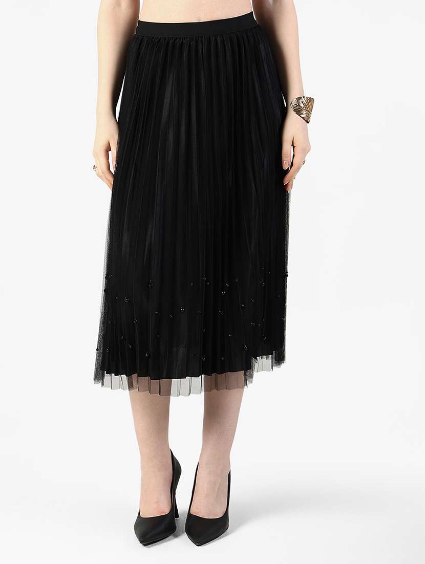 women solid mid rise pleated skirt
